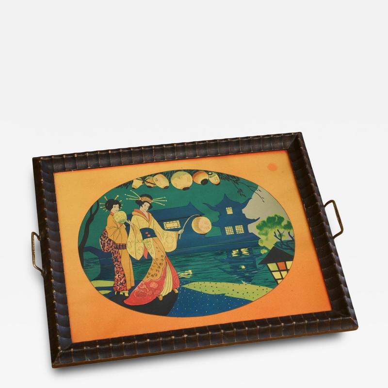 Beautiful Japanese Themed Art Deco Tray in Wood and Glass 1940s