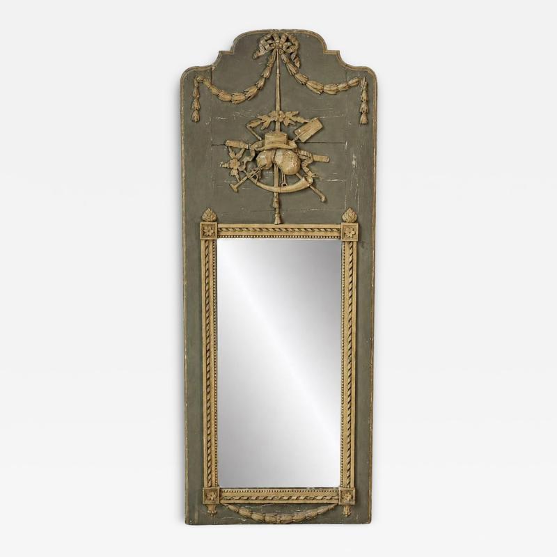 Beautiful Louis XVI period trumeau in grey green painted wood