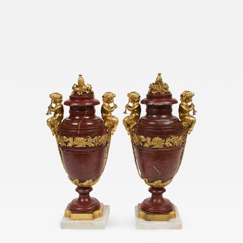 Beautiful Pair of Neoclassical Style Gilt Bronze and Marble Urns