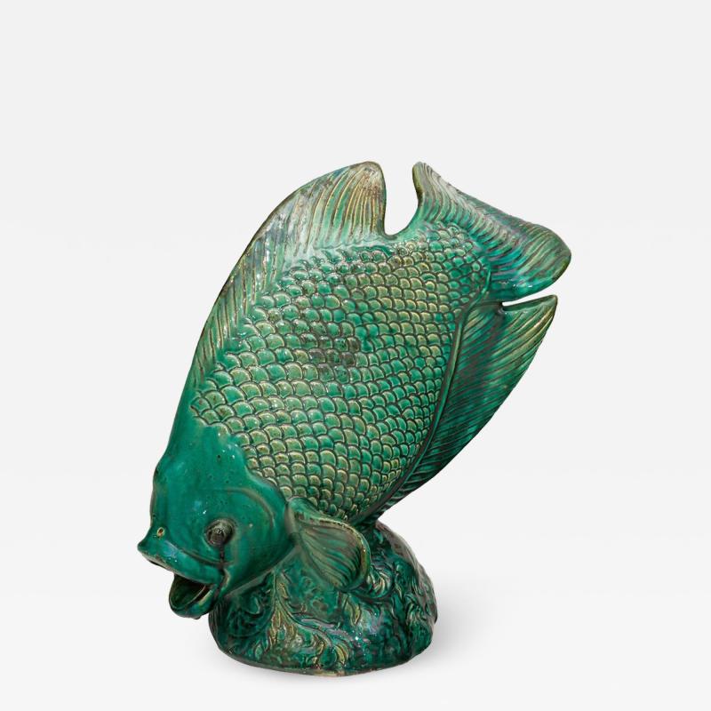Beautiful emerald green glazed ceramic sculpture representing a fish