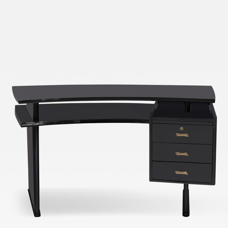 Beautifully Tailored French Desk in Black Lacquer with Brass Pulls 1940s