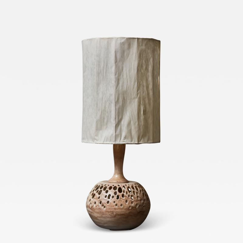 Beige and Brown Glazed Ceramic Table Lamp with Rice Paper Shade