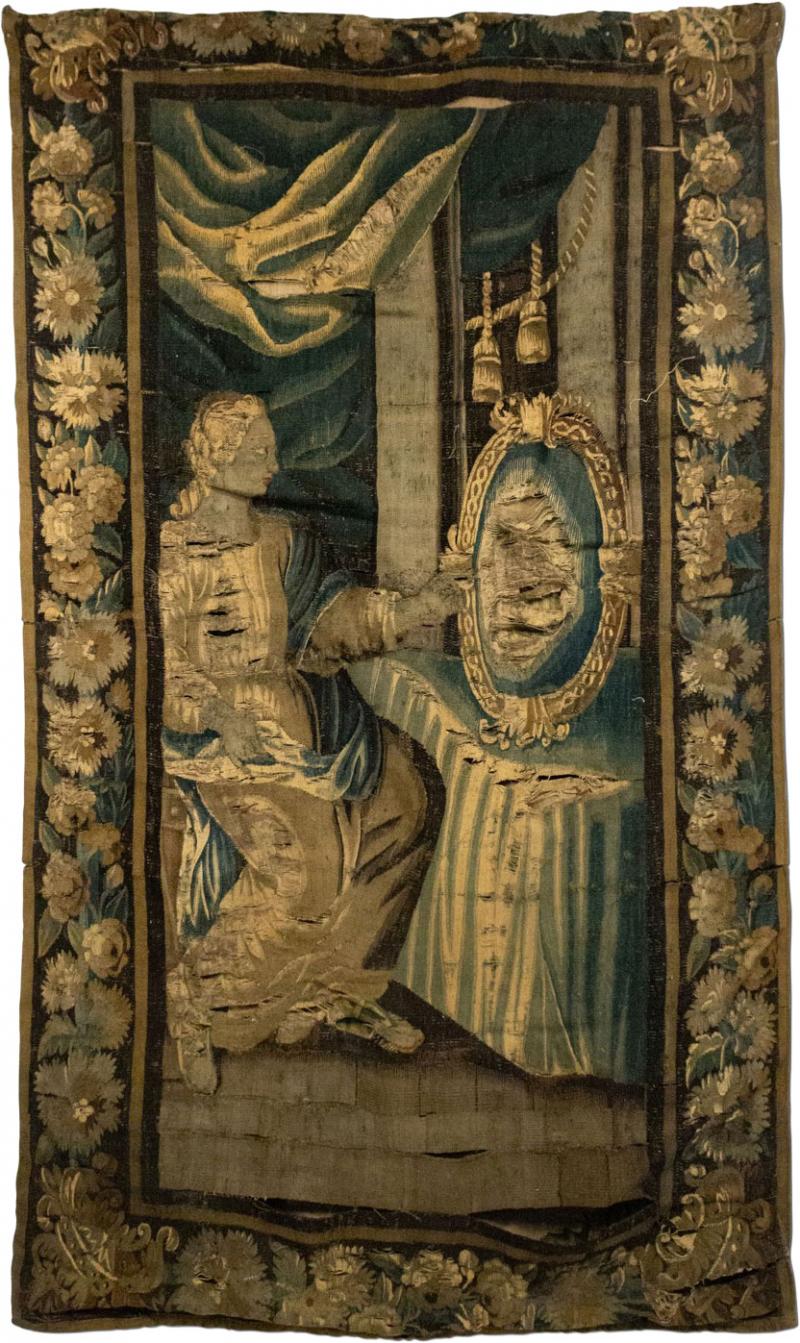 Belgian 17th Century Woven Tapestry of a Lady and Mirror