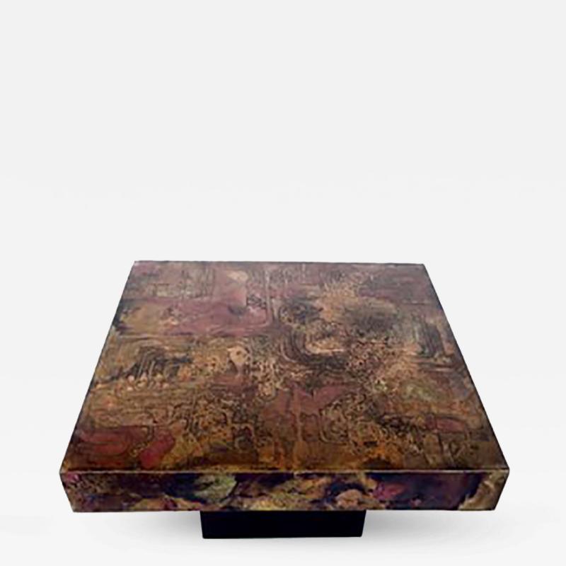 Belgian Coffee Table with Etched Copper and Brass Abstract Relief Signed Poolkes