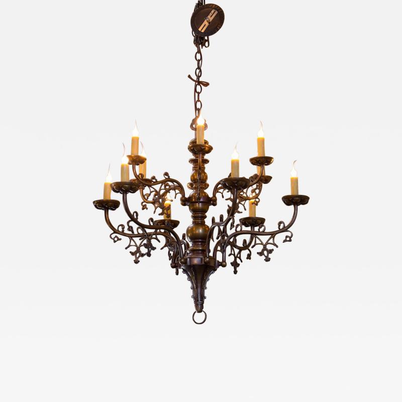 Belgian Gothic Style Bronze Chandelier with Twelve Arms circa 1900