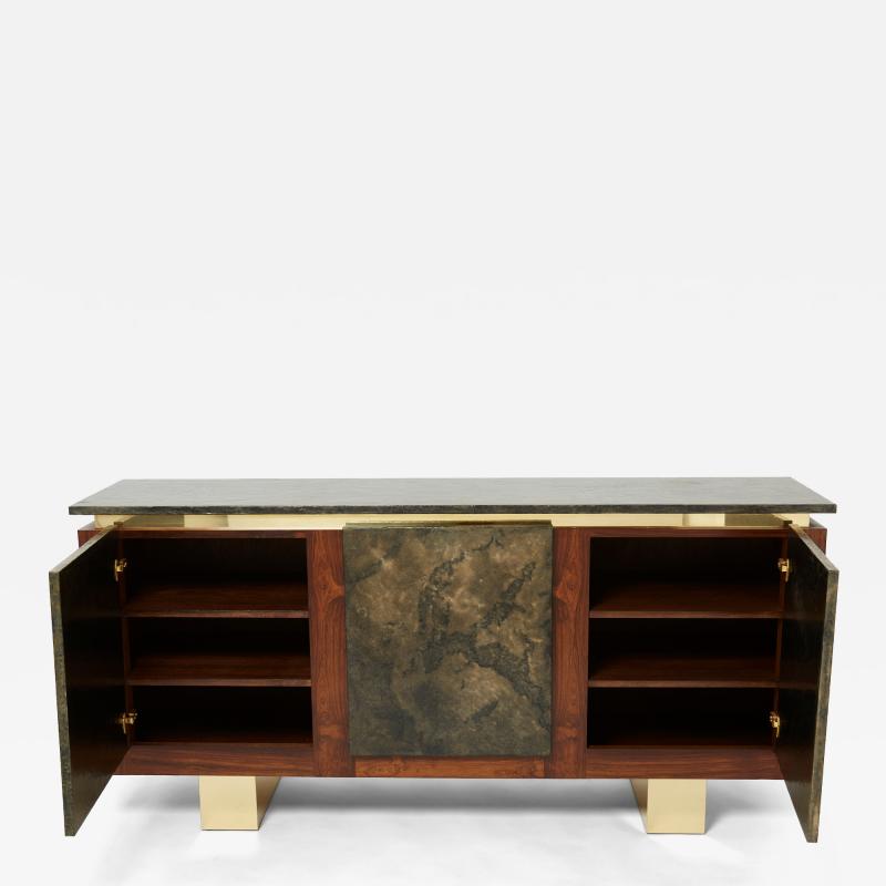 Belgian brutalist rosewood resin and brass sideboard 1970