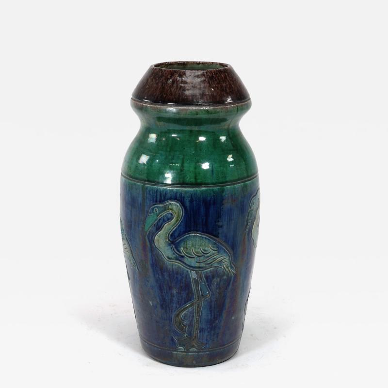 Belgium Art Pottery Tall ceramic Arts Crafts vase decorated with 5 Flamingos 