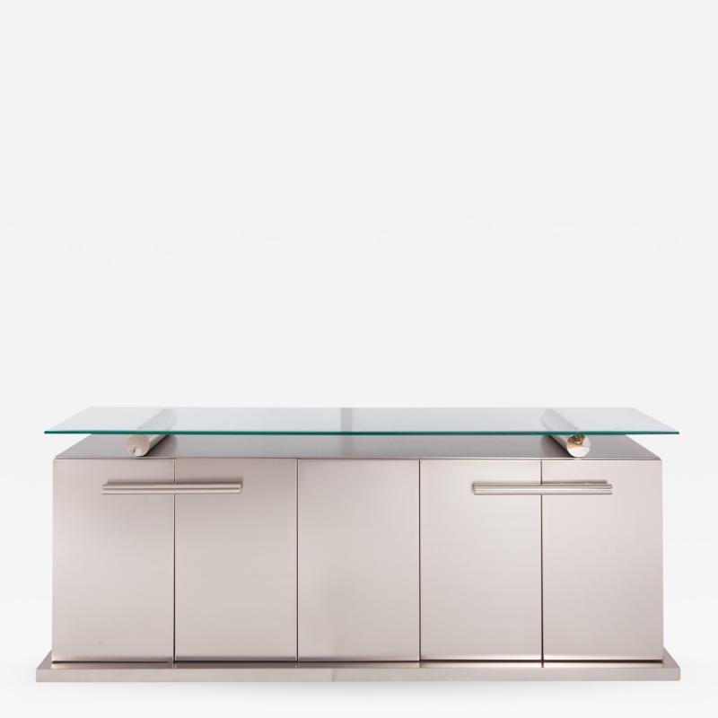 Belgo Chrom Sideboard With Floating Glass In Brushed Stainless Steel 1970s