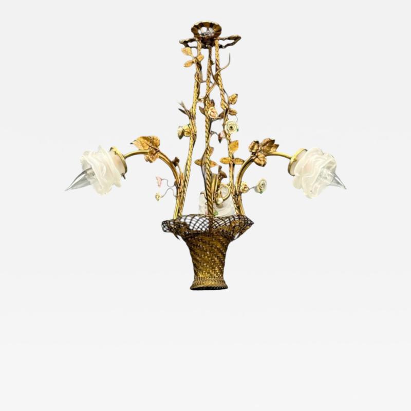Belle Epoque Style Basket Chandelier Bronze Porcelain 1940s