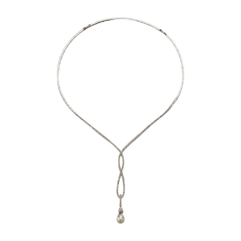 Belle poque Natural Pearl Drop and Diamond Lavalier Necklace
