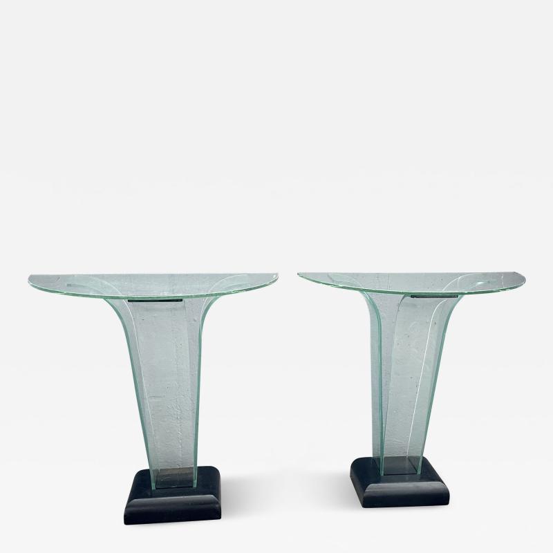 Ben Mildwoff Pair American Art Deco Curved Glass Console Tables by Ben Mildwoff