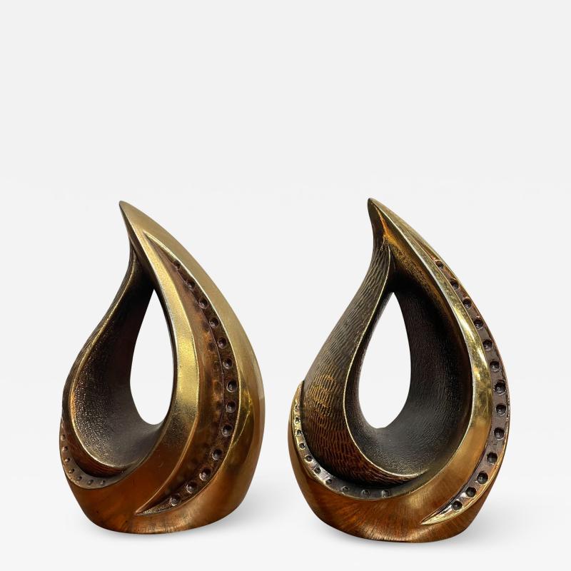 Ben Seibel Ben Seibel for Jenfred Sculptural Brass Bookends Modern Tear Drop Flame 1950s