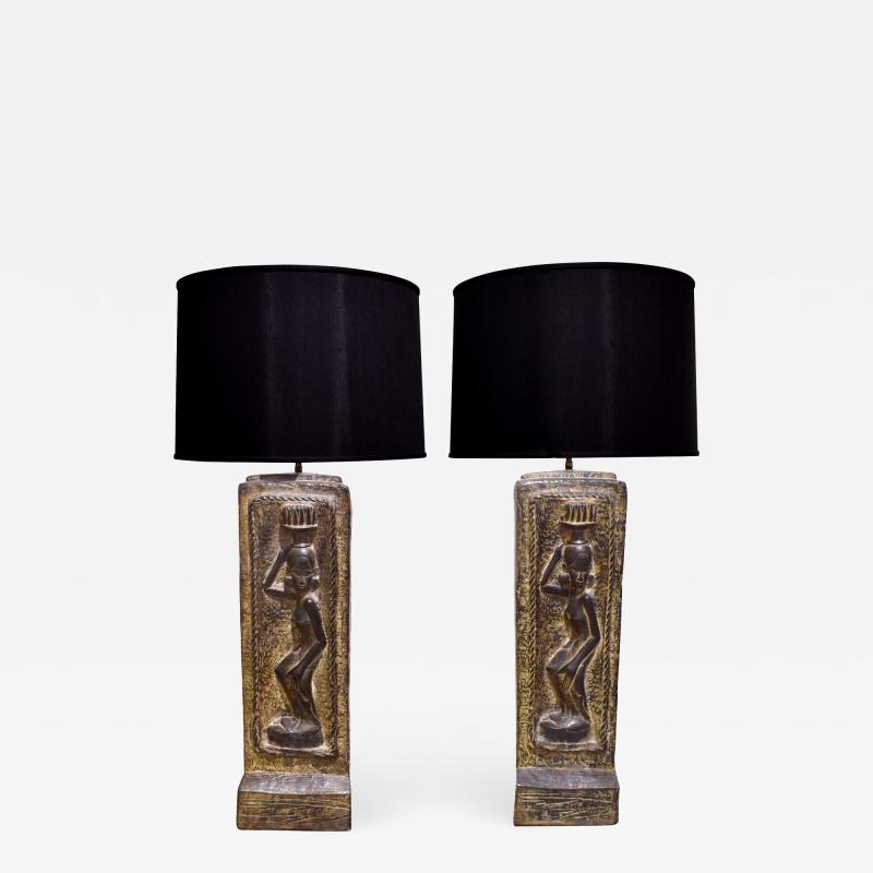 Benjamin Wilson Ben Wilson Pair of Large Plaster Table Lamps with African Motif 1950s