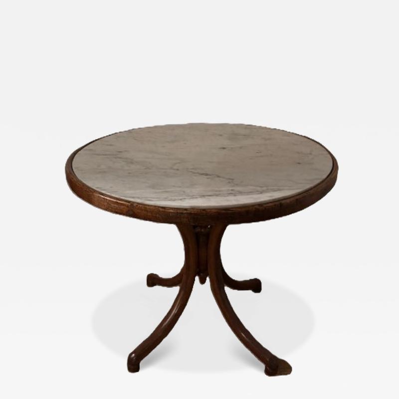 Bentwood low end table with a round inset white marble top