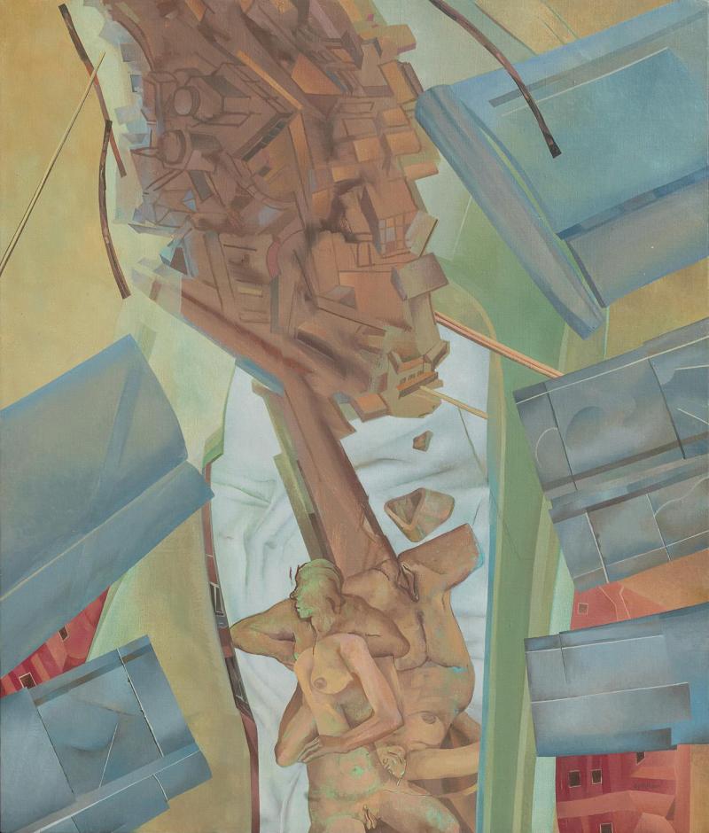 Bernard Aptekar The Speeding City Stretches Into Flesh Figurative Painting with Pastel Colors