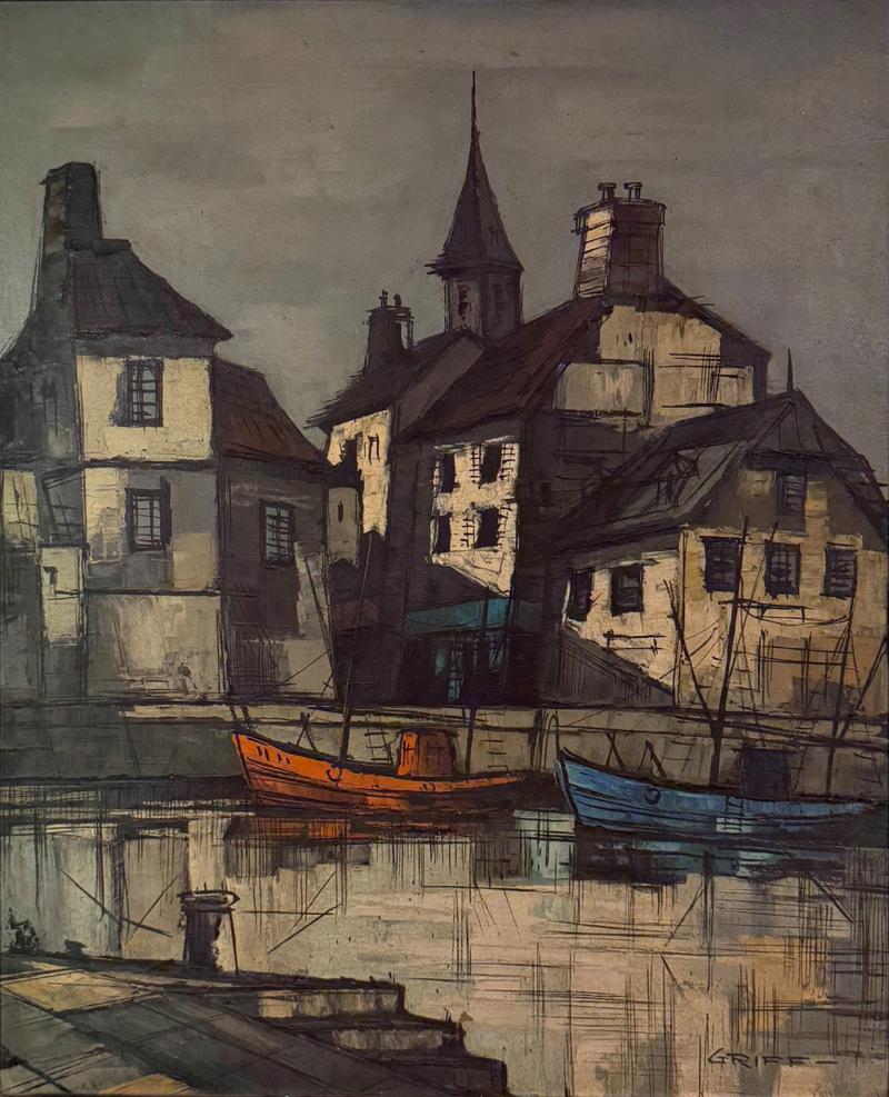 Bernard Buffet MID CENTURY PARISIAN WATERFRONT SCENE PAINTING IN THE STYLE OF BERNARD BUFFET