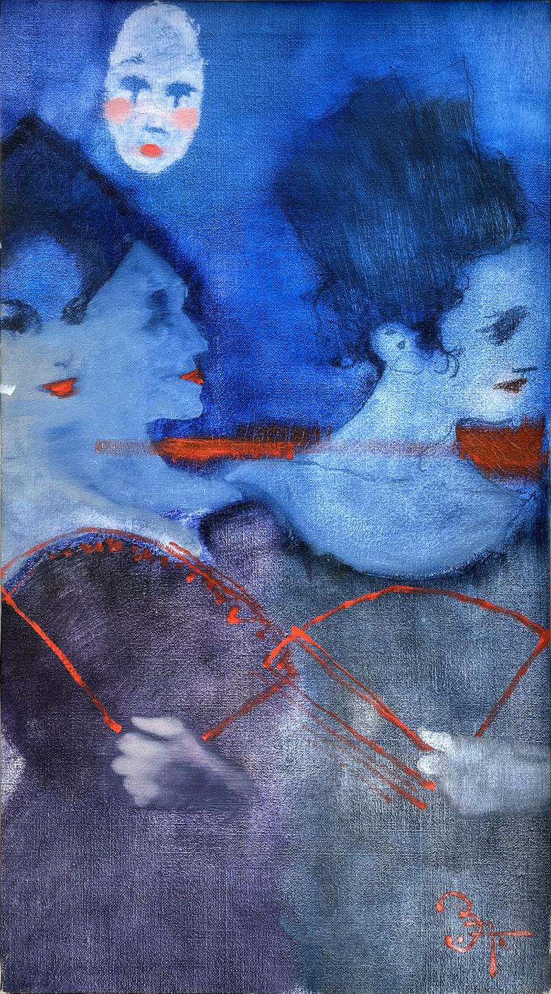 Bernie Fuchs Fauve Portrait of Three Women in Blue Holding Red Abanicos