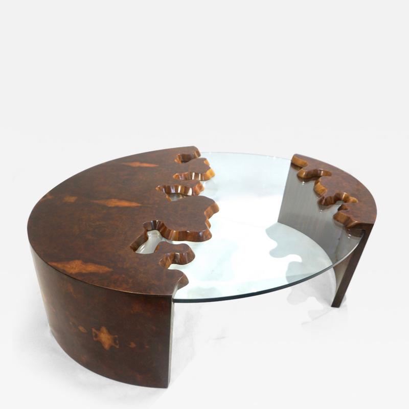 Bespoke 1980 Italian Organic Walnut Veneer Glass Oval Coffee Table with Drawer