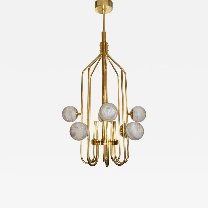 Bespoke Italian Alabaster White Murano Glass Brass Curved Globe Chandelier