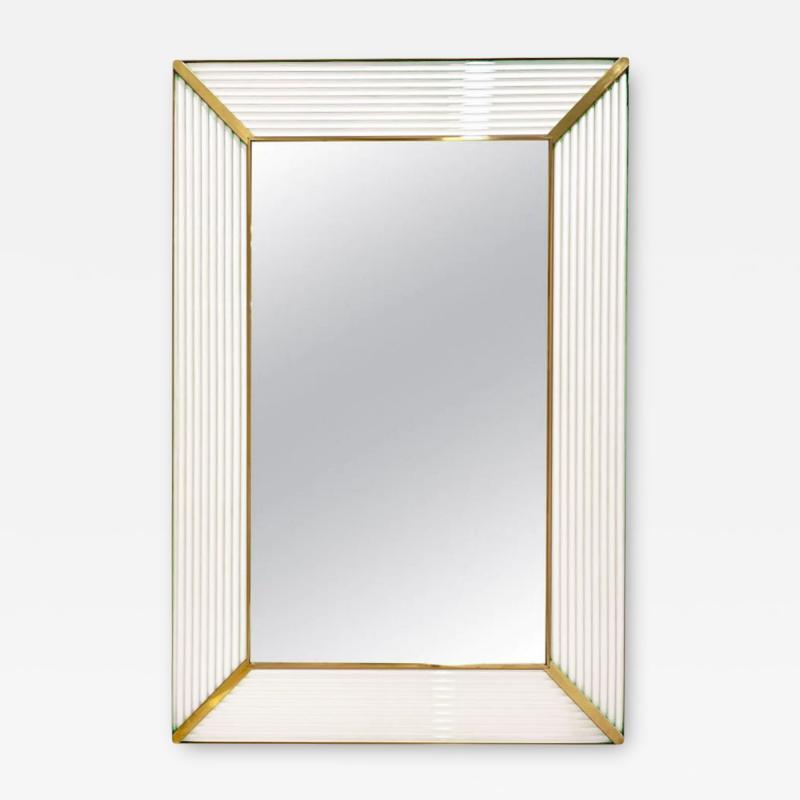Bespoke Italian Art Deco Design Iridescent White Murano Glass Brass Mirror