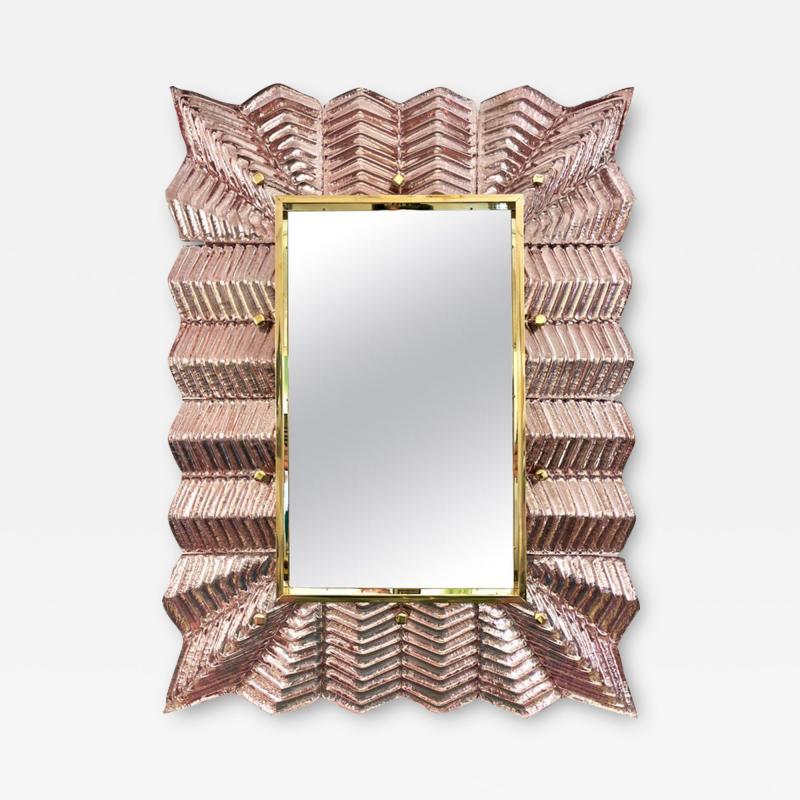 Bespoke Italian Art Deco Design Small Ruffled Pink Murano Glass Brass Mirror
