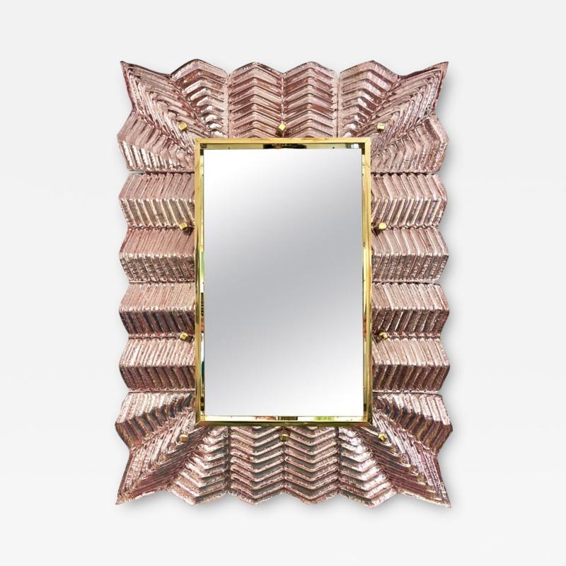 Bespoke Italian Art Deco Design Small Ruffled Pink Murano Glass Brass Mirror