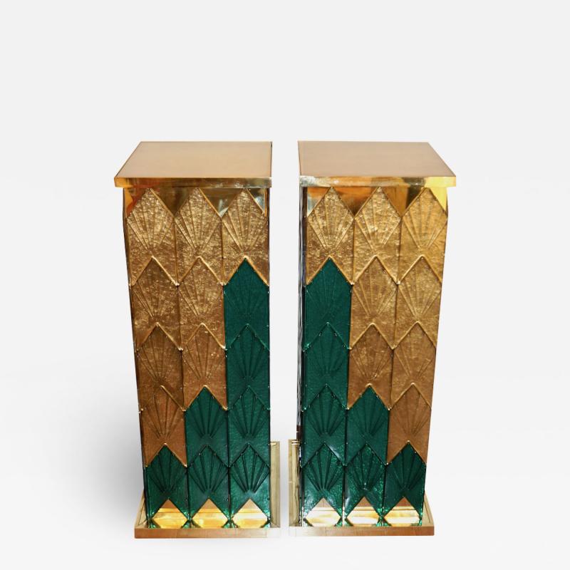 Bespoke Italian Art Deco Green Gold Murano Glass Brass and Wood Pedestals