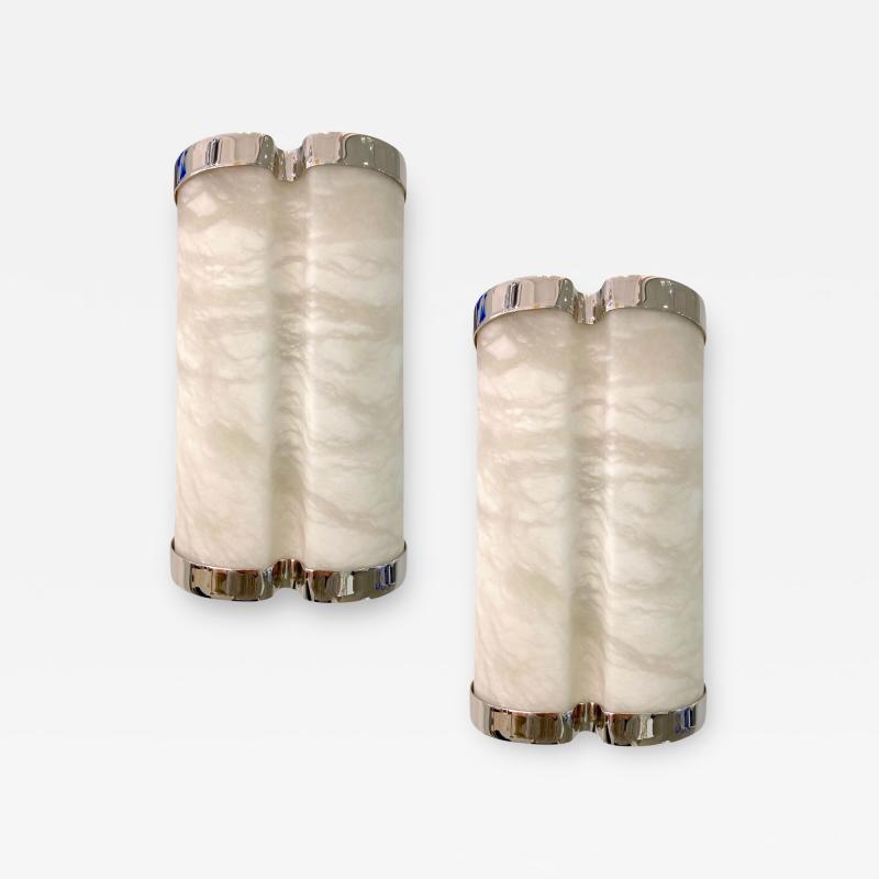 Bespoke Italian Art Deco Style Cream White Alabaster Pair Nickel Edged Sconces