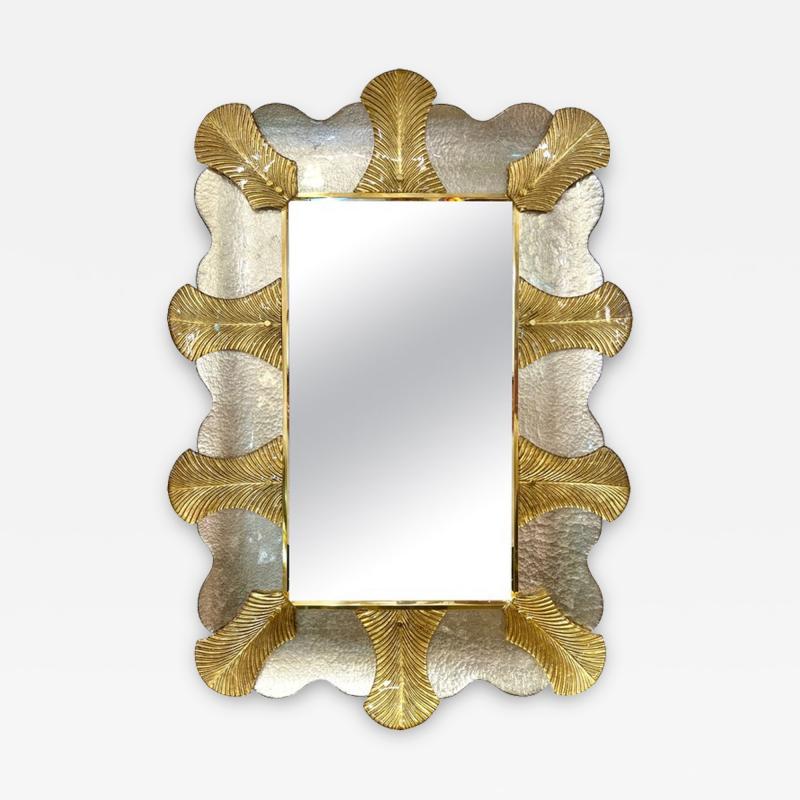 Bespoke Italian Art Deco Style Curved Leaf Gold Silver Murano Glass Brass Mirror