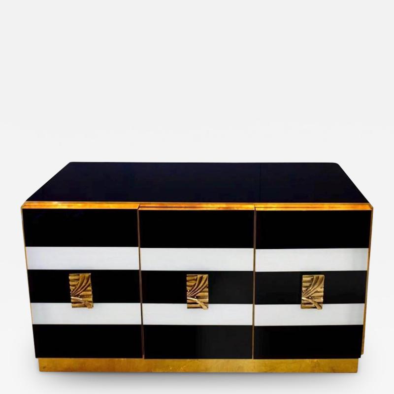 Bespoke Italian Art Design Brass Black White Stripe Glass Dresser Sideboard