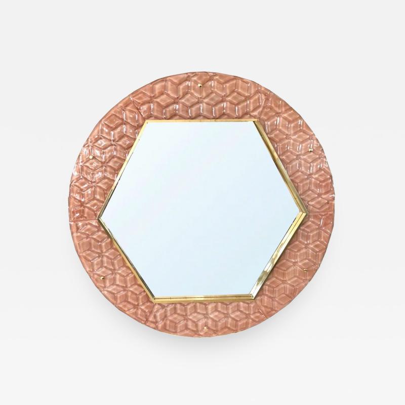 Bespoke Italian Custom Brass and Textured Pink Murano Glass Modern Round Mirror