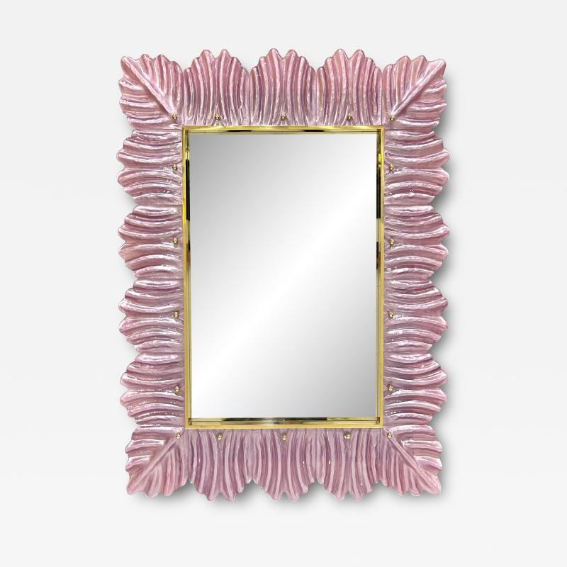 Bespoke Italian Modern Leaf Design Pearl Pink Crystal Murano Glass Brass Mirror