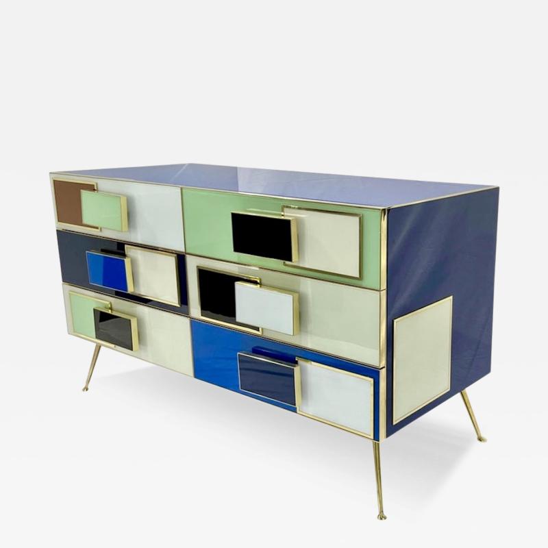 Bespoke Italian Mondrian Style Blue Green White Brown Modern Brass Dresser Chest