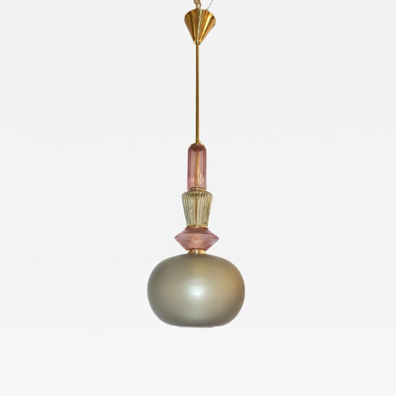 Bespoke Italian Organic Amethyst Gray Green Murano Glass Brass Pendant Light