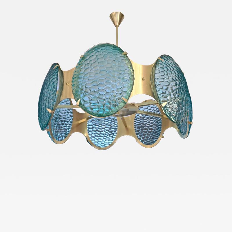 Bespoke Italian Organic Aquamarine Murano Glass Round Brass Chandelier Pendant