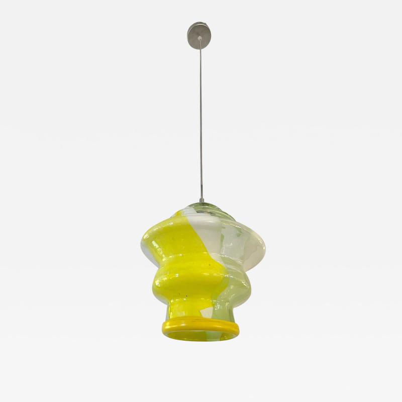 Bespoke Italian Organic Lemon Yellow White Step Tulip Murano Glass Pendant Light