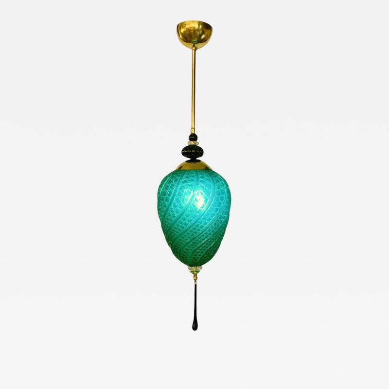 Bespoke Italian Oval Black Crystal Green Murano Glass Brass Egg Pendant Light
