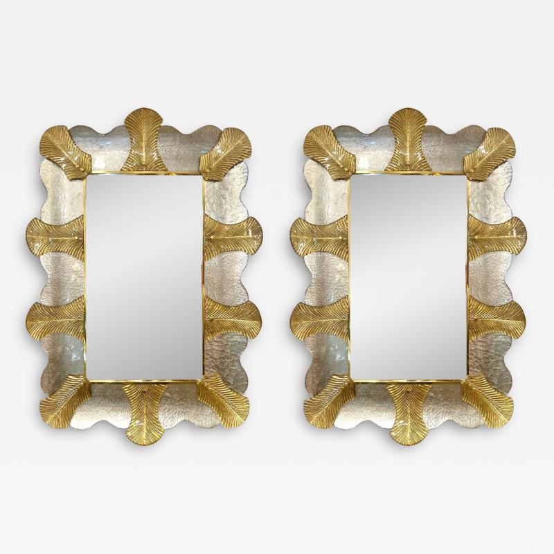 Bespoke Italian Pair of Art Deco Style Curved Leaf Murano Glass Brass Mirror