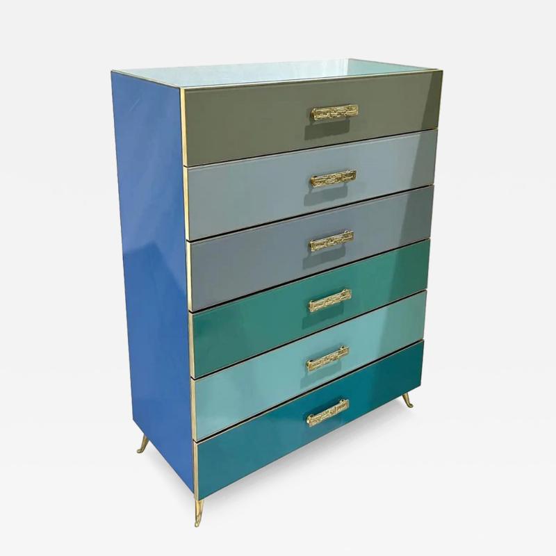 Bespoke Italian Post Modern Blue Turquoise Gray Glass 6 Drawer Semainier Chest