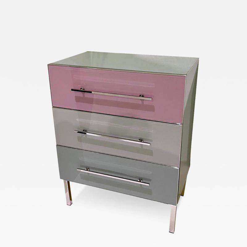 Bespoke Italian Post Modern Pink Gray Glass 3 Drawer Nickel Chest Nightstand