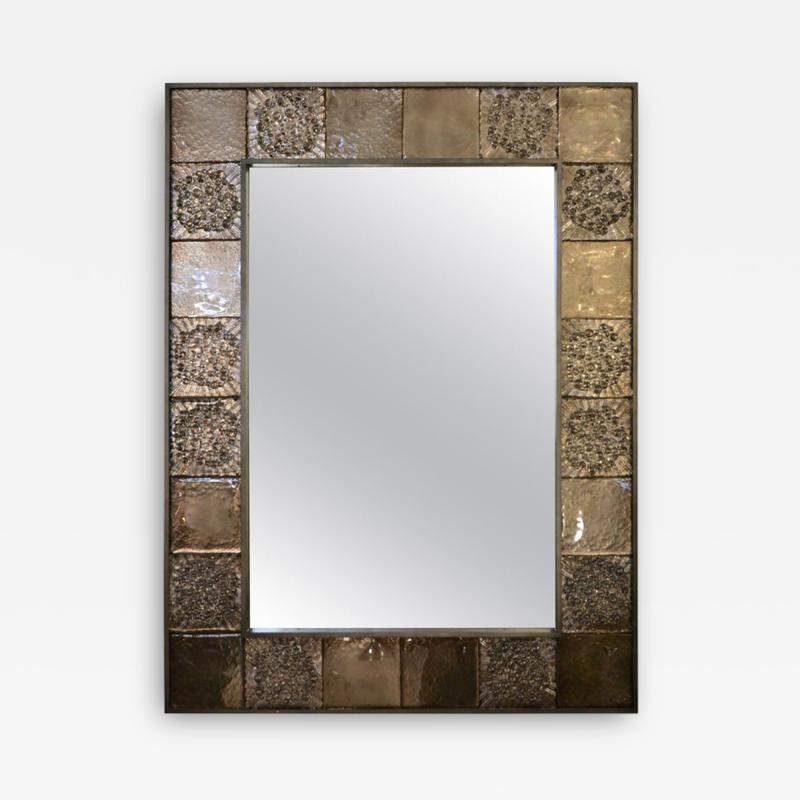 Bespoke Italian Smoked Amber Mirrored Murano Glass Geometric Bronze Tile Mirror