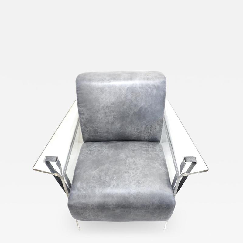 Bespoke Modernist Lucite Acrylic Lounge Armchair in Motley Gray Faux Leather