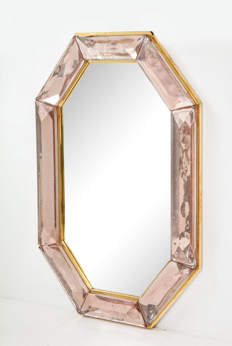 Bespoke Octagon Pink Murano Glass Mirror, in Stock