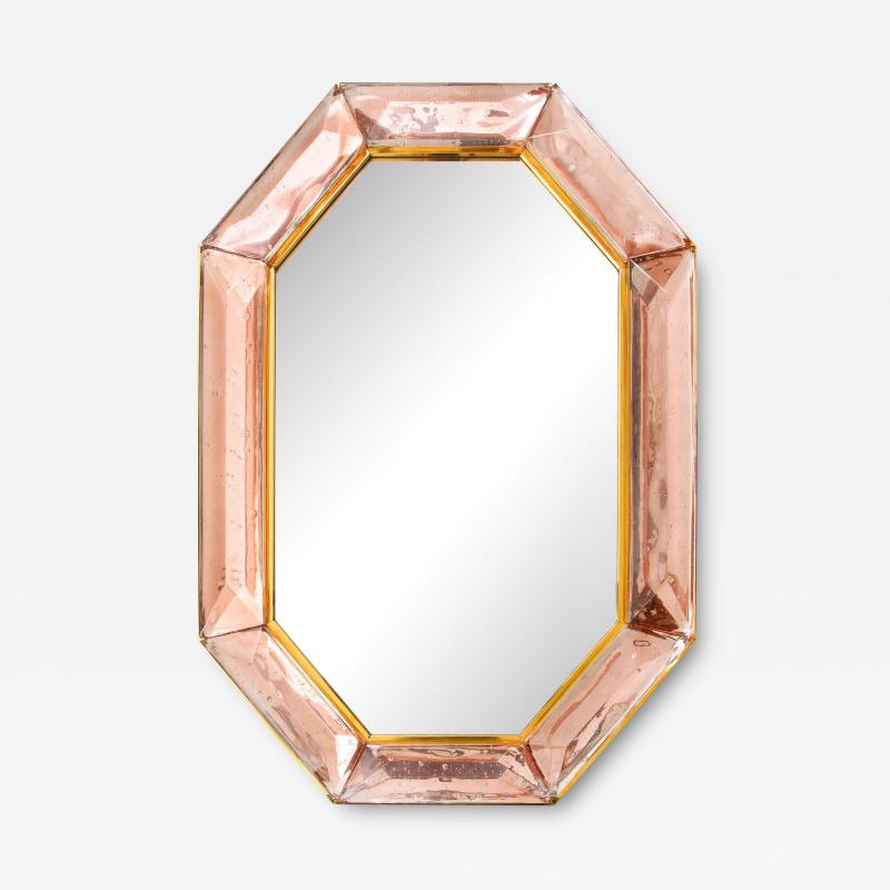 Bespoke Octagonal Pink Murano Glass and Brass Mirror