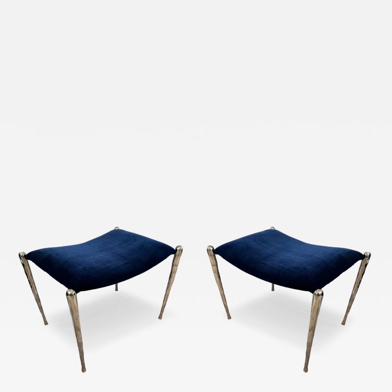 Bespoke Pair of Nickel Plated Bronze Benches Upholstered in Velvet