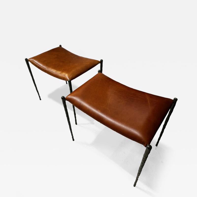Bespoke Pair of Patinated Bronze Benches Upholstered in Leather