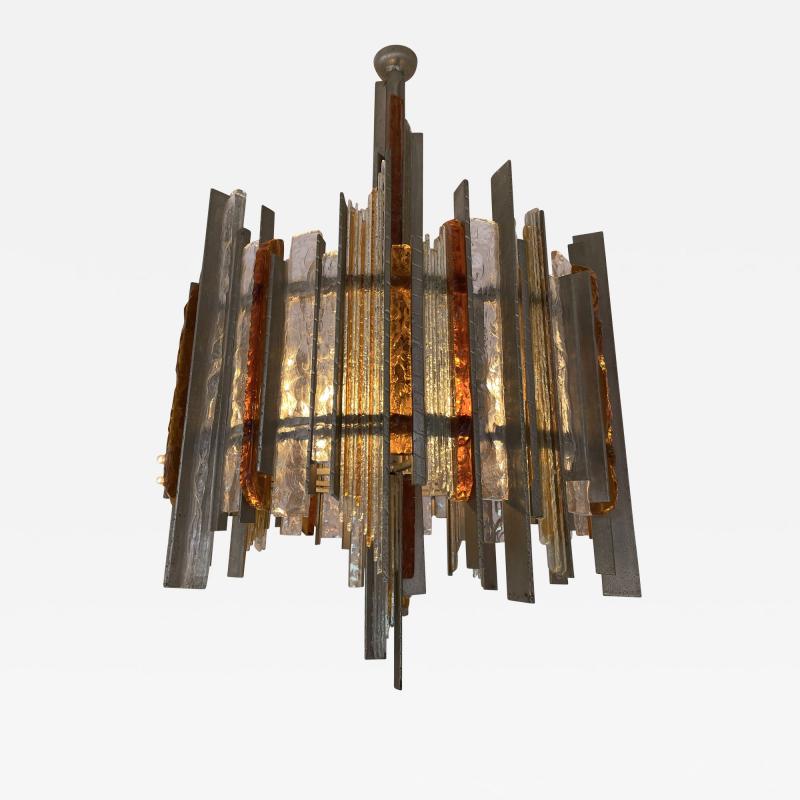 Biancardi Jordan Chandelier Wrought Iron Hammered Glass by Biancardi Jordan Arte Italy 1970s