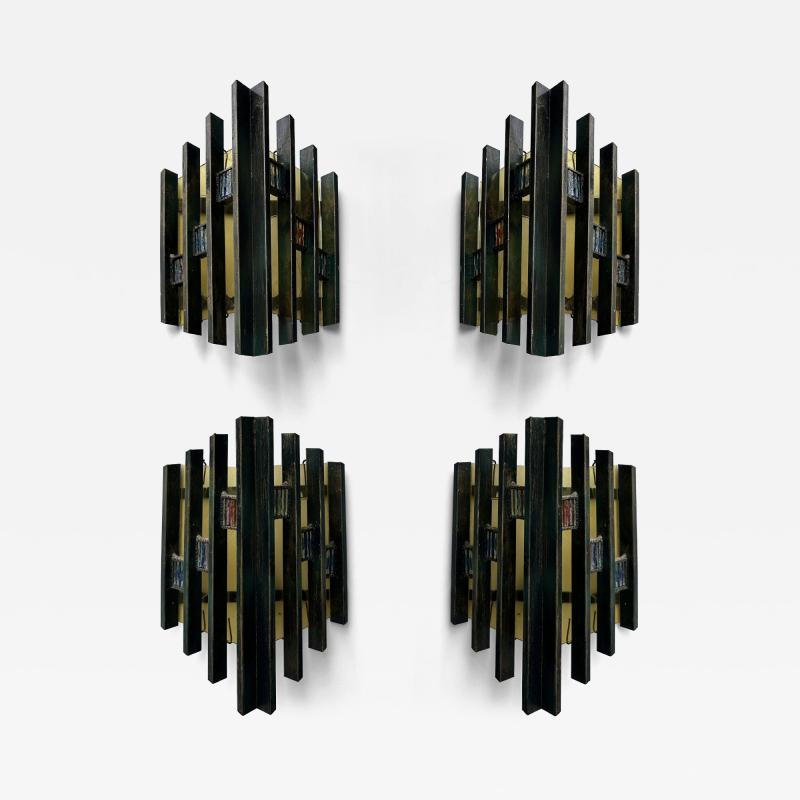 Biancardi Jordan Pair of Hammered Glass Gilt Iron Sconces by Biancardi Italy 1970s