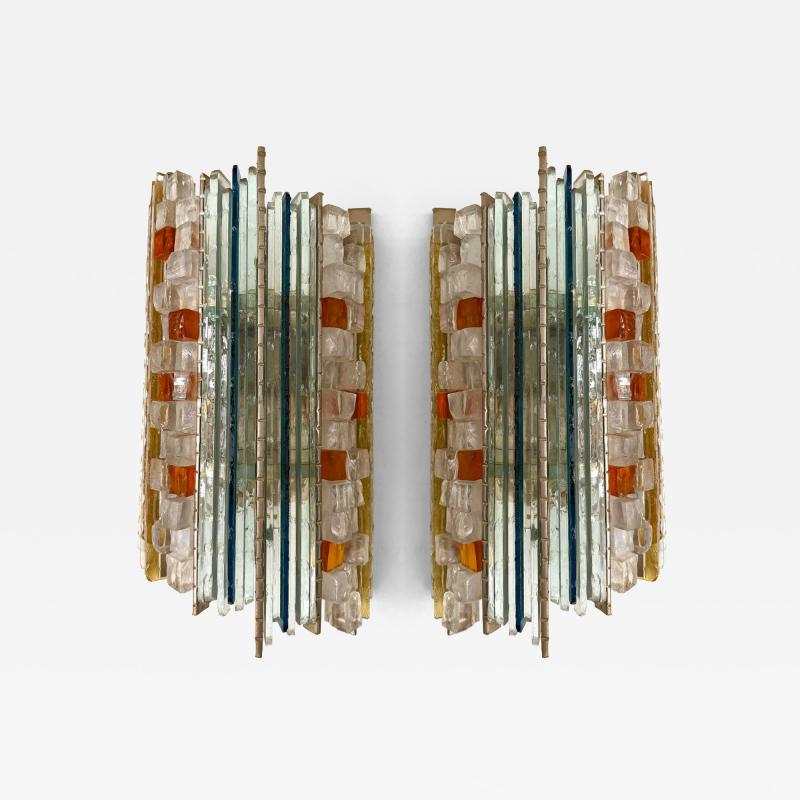 Biancardi Jordan Pair of Hammered Glass Silver Iron Sconces by Biancardi Italy 1970s