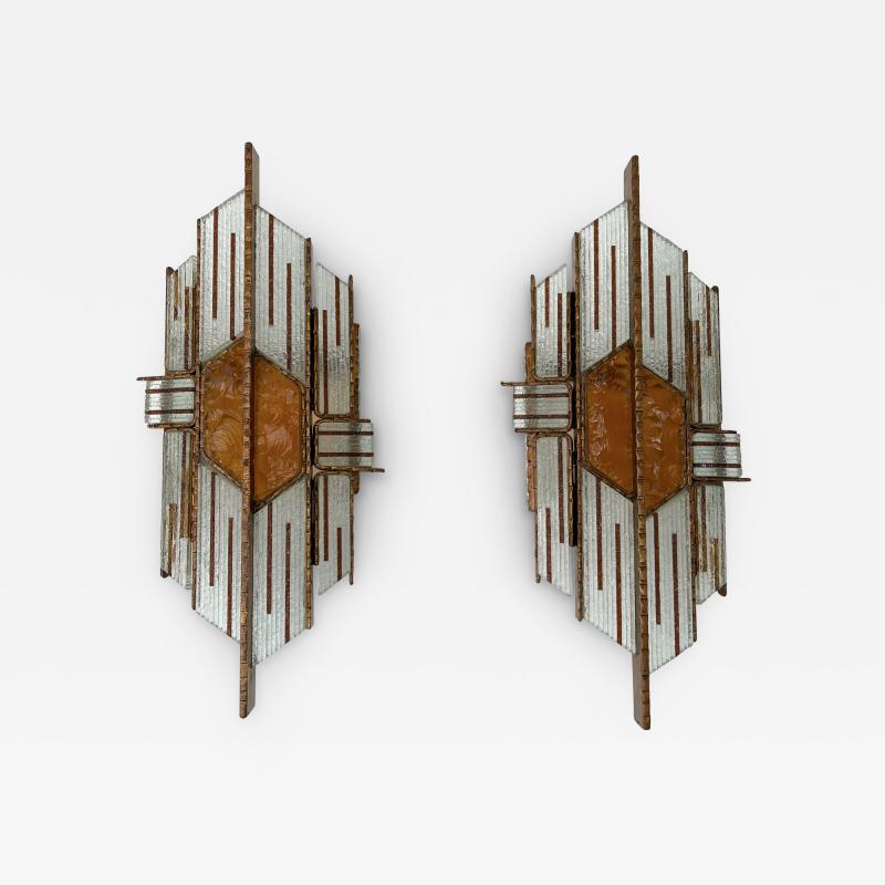 Biancardi Jordan Pair of Hammered Glass Wrought Gilt Iron Sconces by Biancardi Italy 1970s